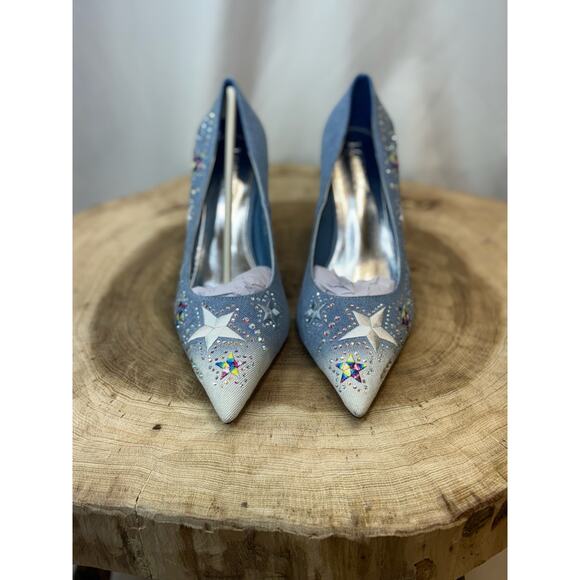 NEW Blue Jean Sparkly Rhinestone Star Embellished Denim Stiletto Heels - Picture 9 of 14